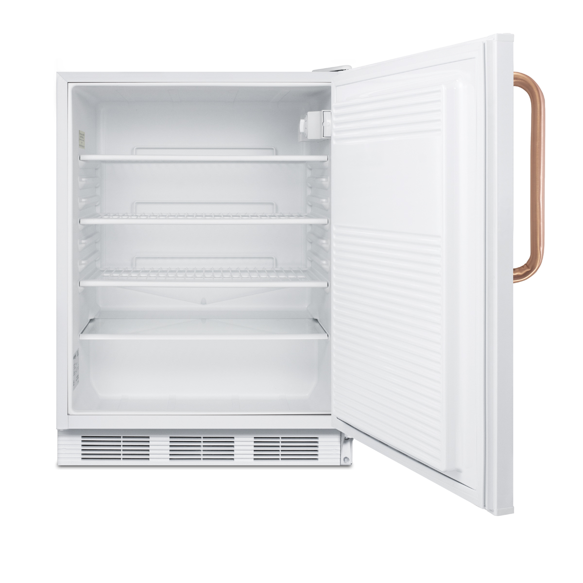 ADA compliant built-in undercounter all-refrigerator for general purpose or commercial use, with pure copper handle, lock, auto defrost operation, and white exterior